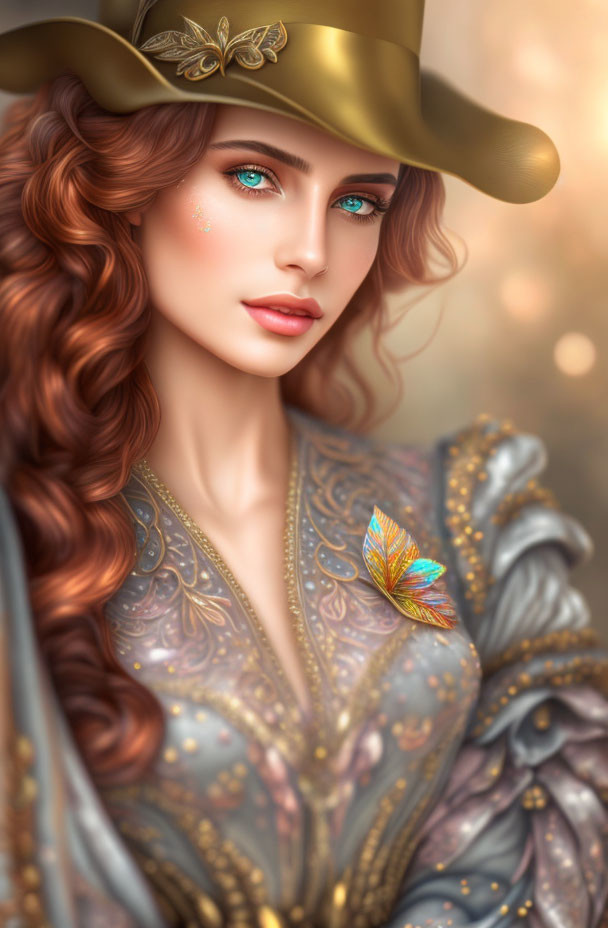 Digital illustration of woman in golden attire with wide-brimmed hat, red hair, and butterfly.