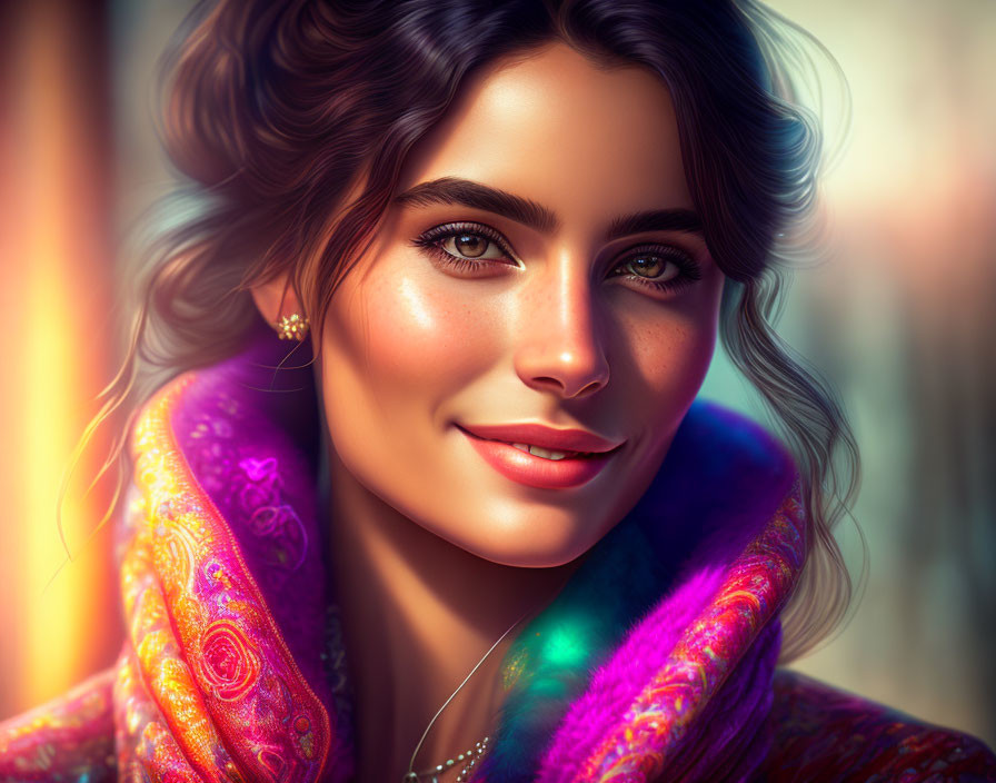 Smiling woman with deep green eyes in colorful attire