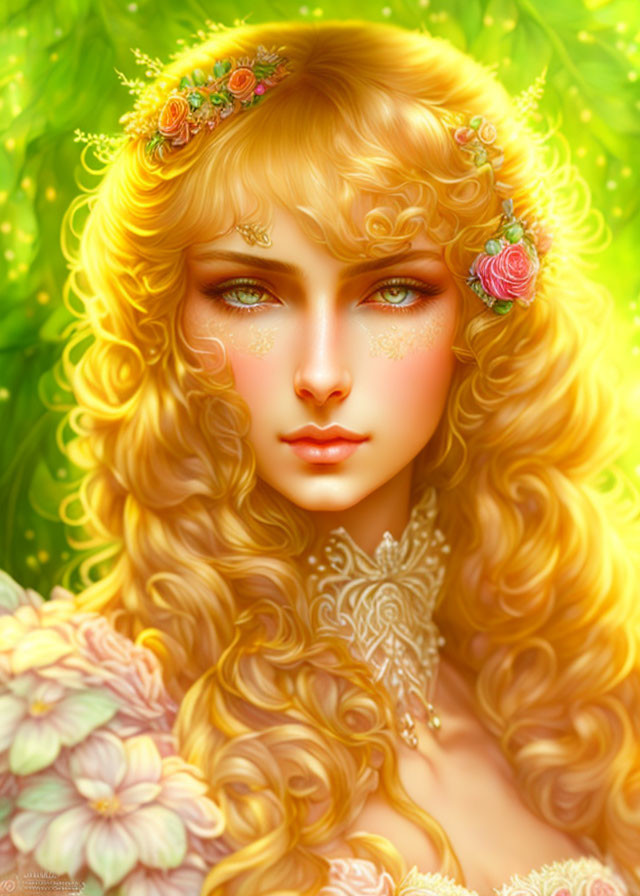 Golden-haired woman with floral adornments and lace collar in lush greenery