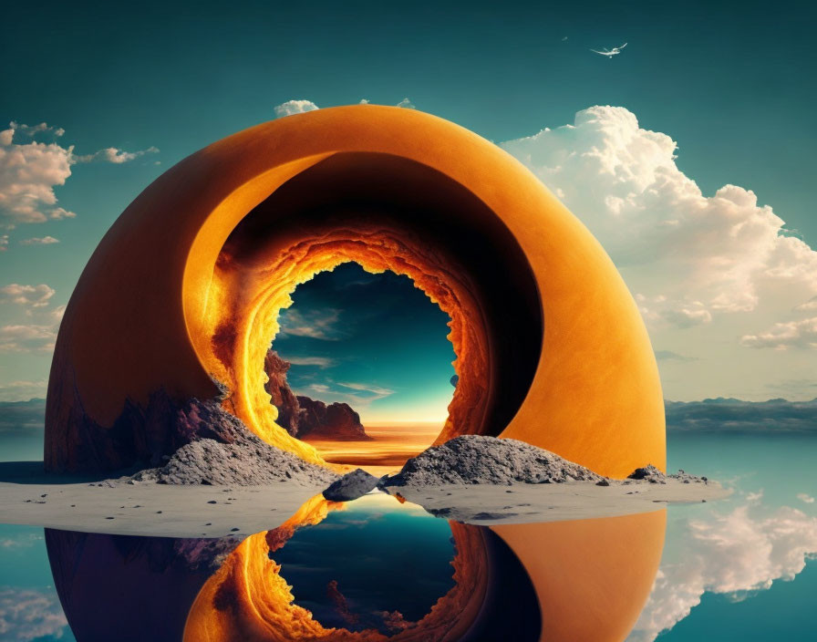 Surreal toroidal structure on beach with fiery scene inside