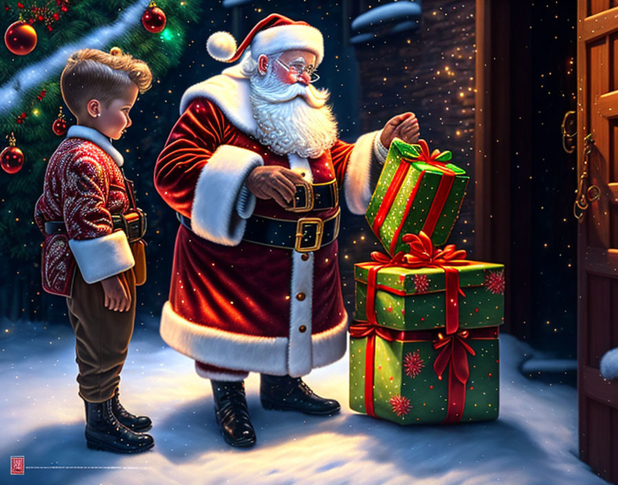 Santa Claus Giving Gift to Child in Snowy Christmas Scene