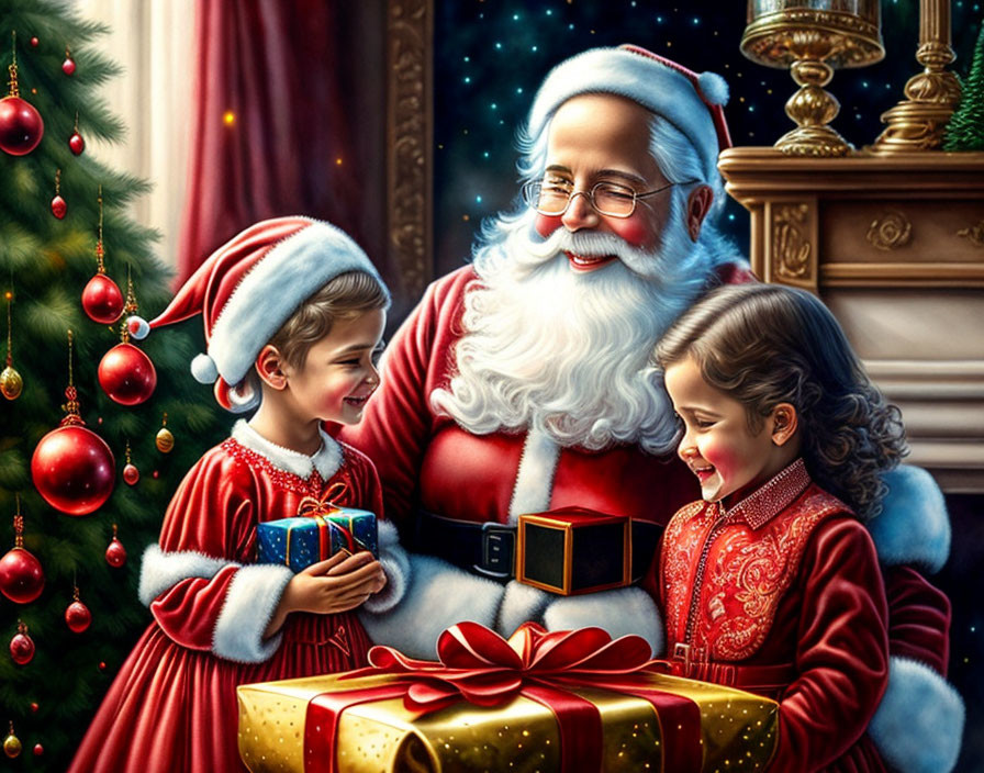 Santa Claus and children in festive attire near Christmas tree.