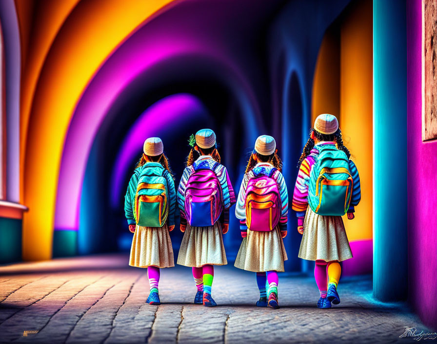 Four girls with colorful backpacks walking in rainbow tunnel with long shadows