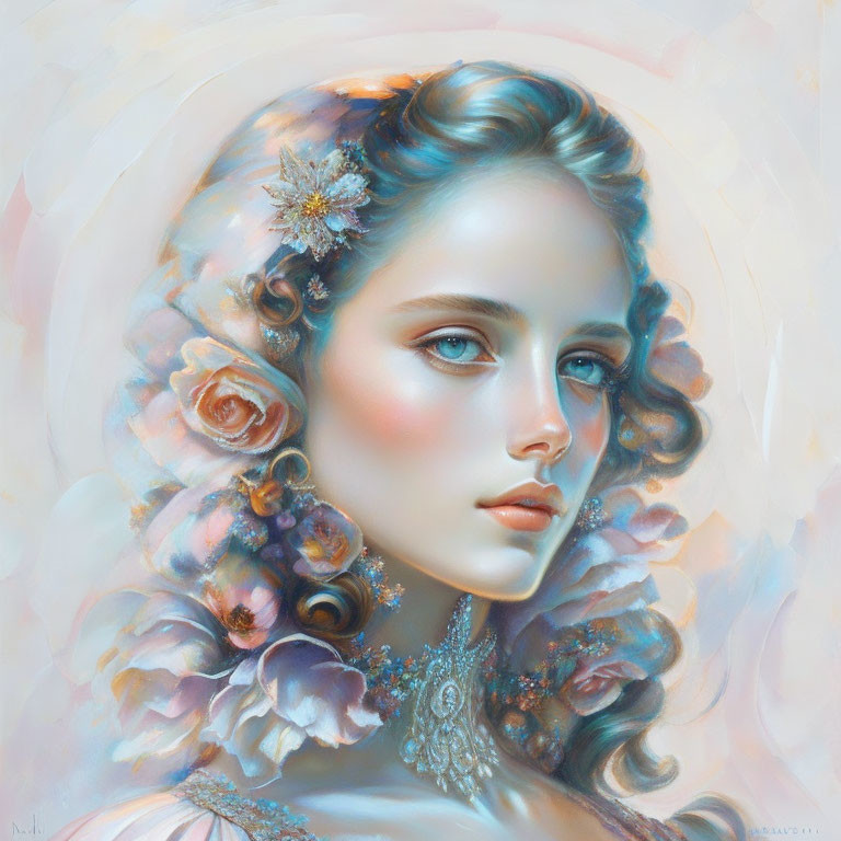 Portrait of woman with blue eyes in elaborate floral attire and pastel color palette