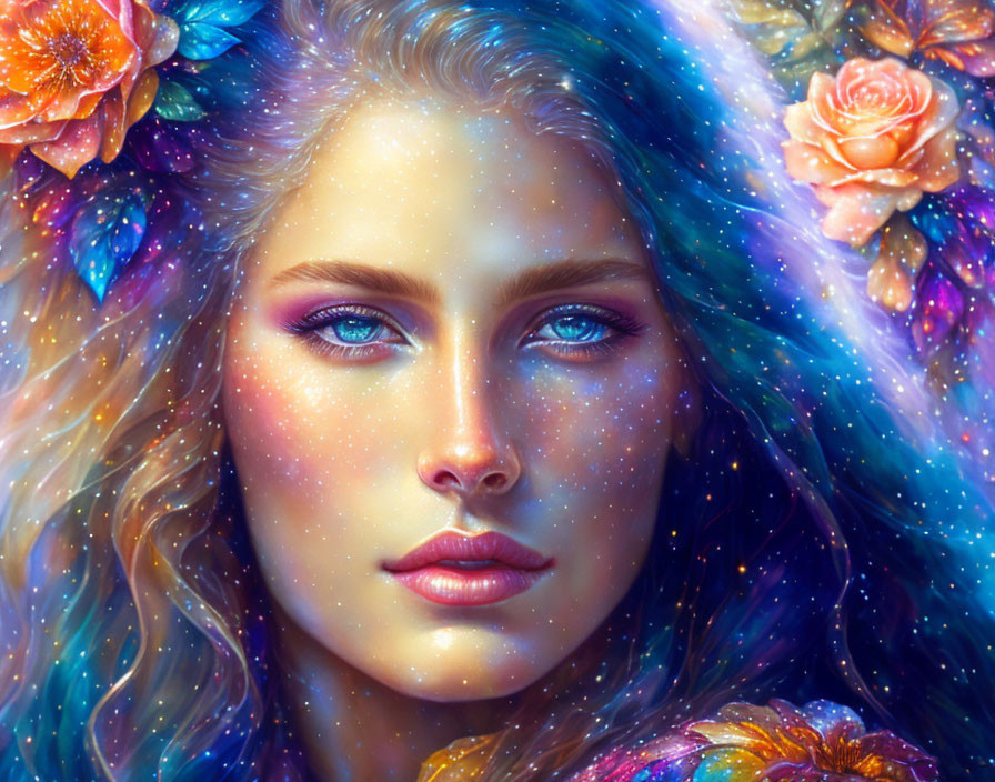 Cosmic-themed digital art portrait of a woman with blue eyes