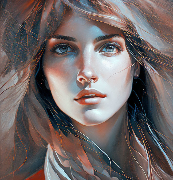 Detailed illustration of woman with striking blue eyes and flowing hair in shades of blue and orange.