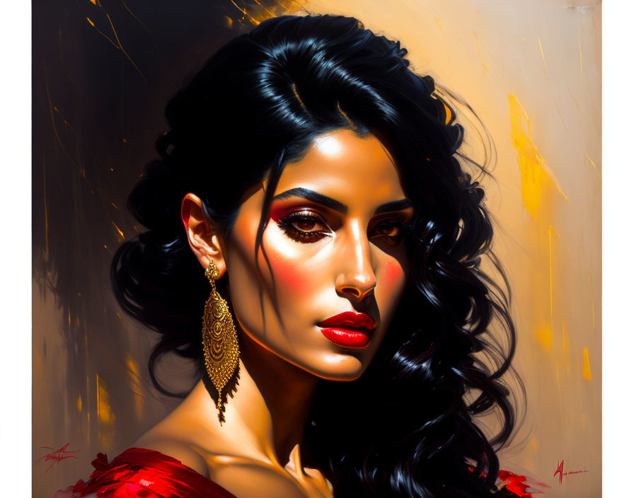 Striking Woman Portrait with Black Hair and Red Lips