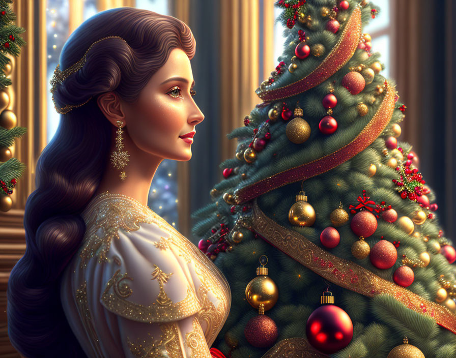 Woman in elegant gown by lavishly decorated Christmas tree