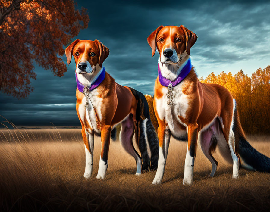 Two dogs with purple collars in autumn field with dramatic sky