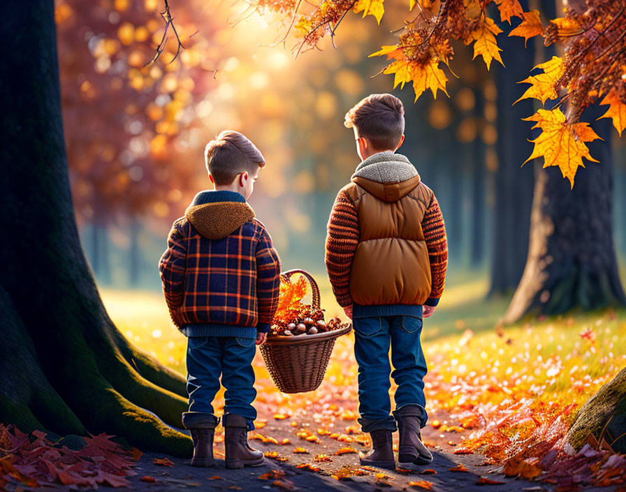 Children walking with chestnuts in autumn park with golden leaves