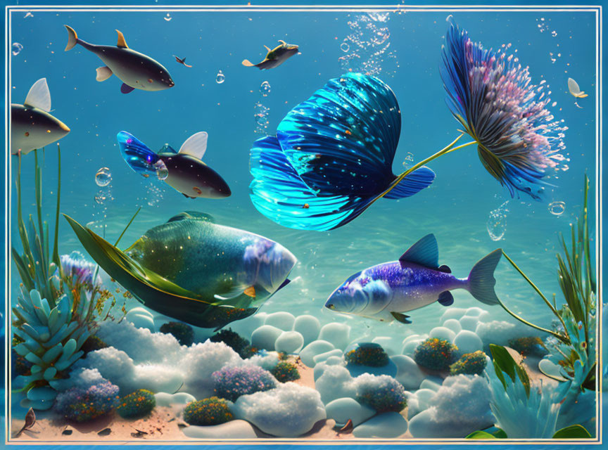 Colorful Tropical Fish Swimming Among Coral and Bubbles