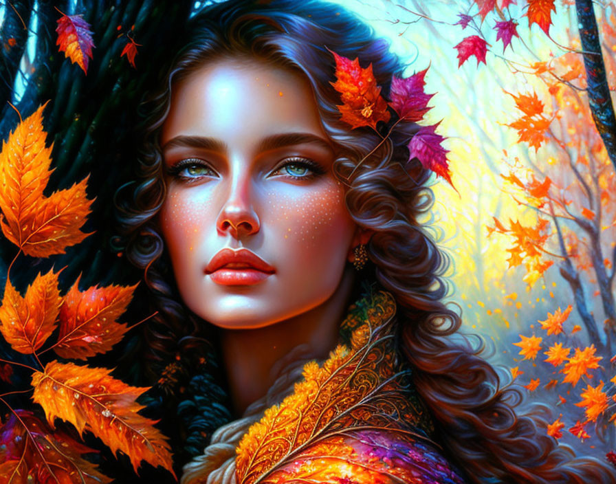 Vibrant digital art portrait of woman with autumn leaves in hair