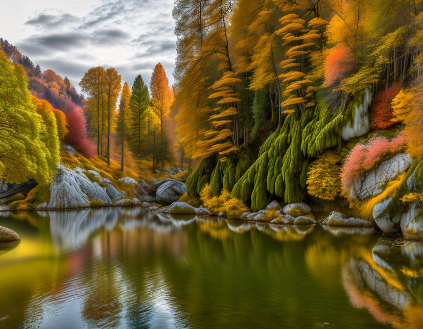 Tranquil autumn landscape with vibrant foliage and river reflection