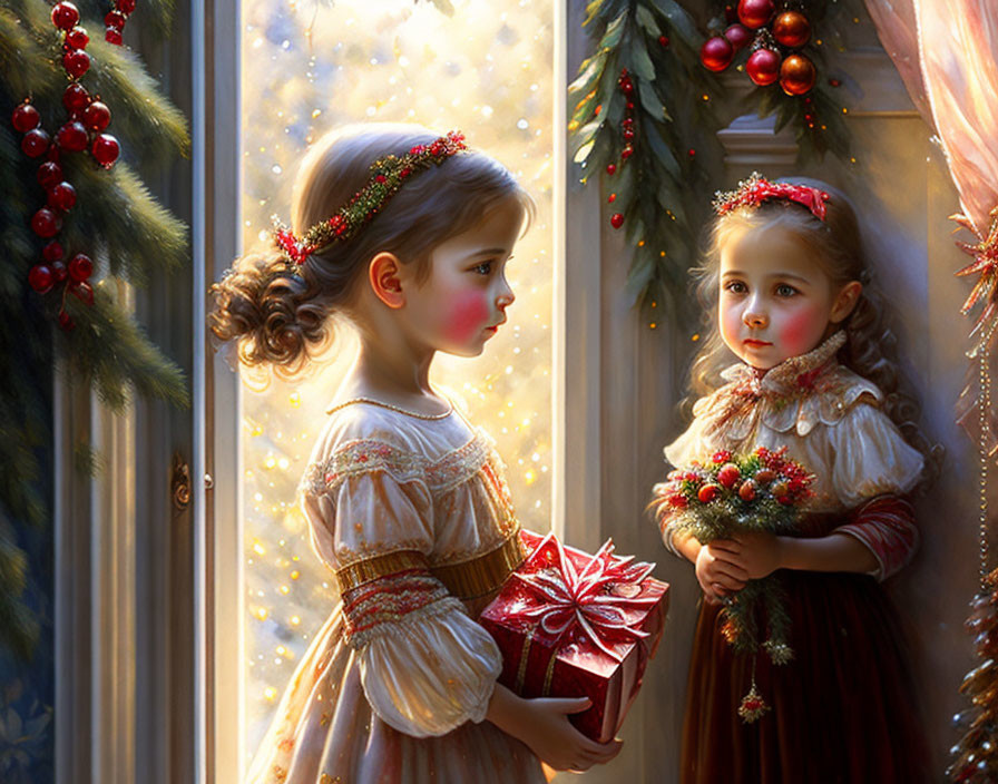 Vintage-dressed girls by Christmas window with red gift