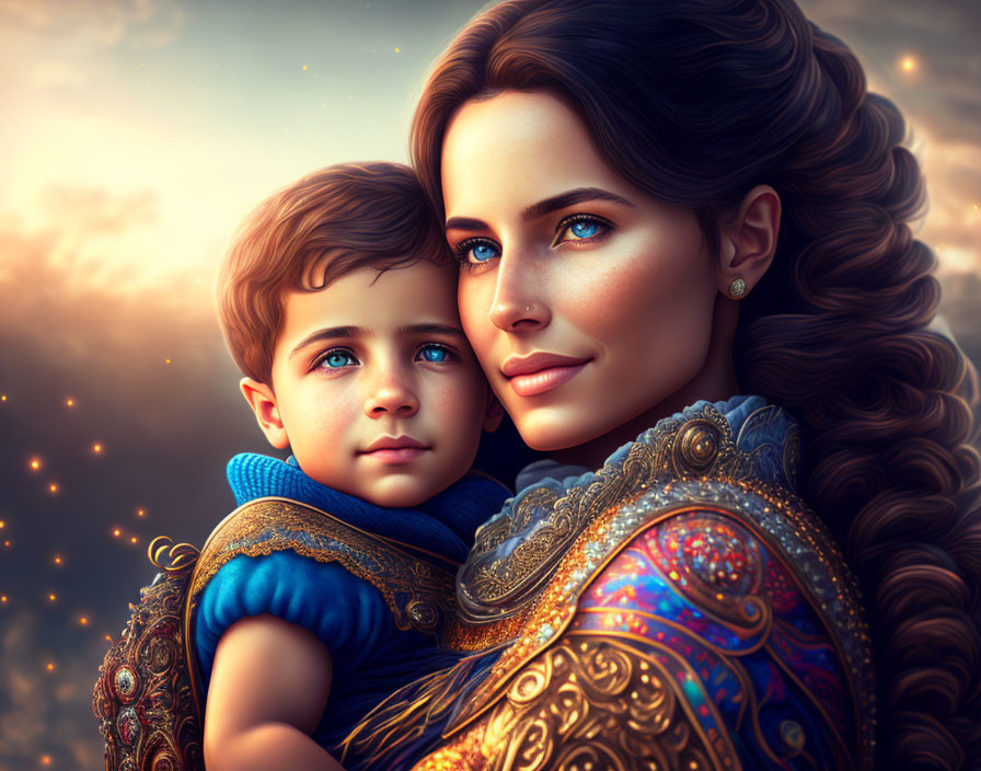 Woman with Blue Eyes and Long Brown Hair Holding Boy in Ornate Clothing against Twilight Sky