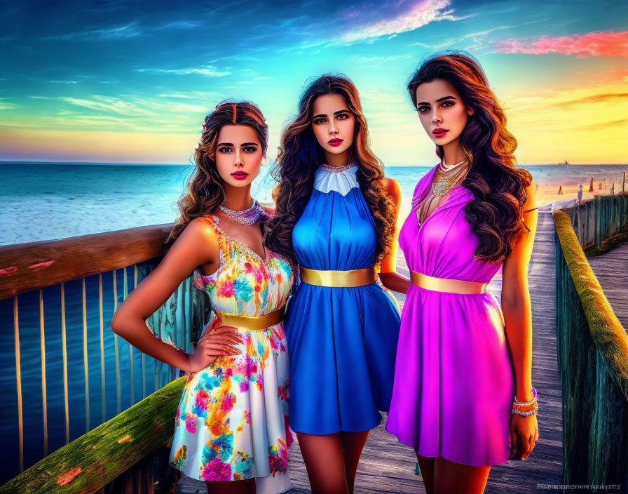 Three women in colorful dresses on wooden pier at sunset with vibrant sky and ocean.