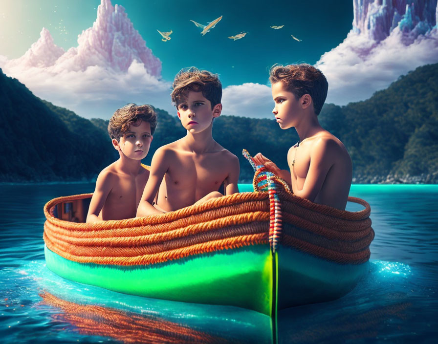 Boys in colorful boat on tranquil waters with surreal mountains & birds.