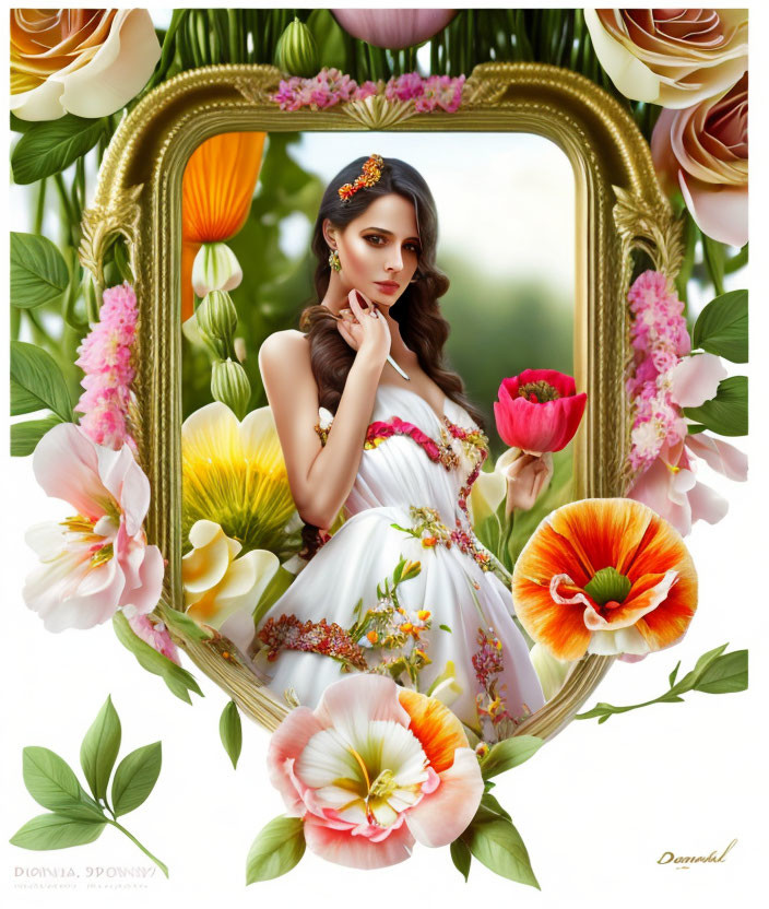 Floral headpiece woman in golden mirror with vibrant flowers