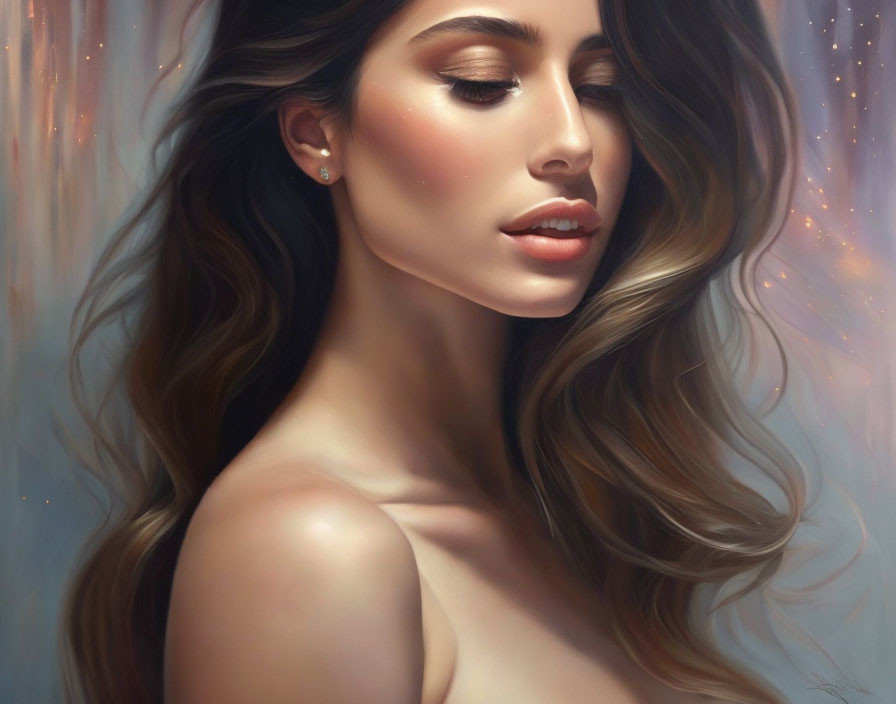 Digital painting of woman with long brown hair and serene expression