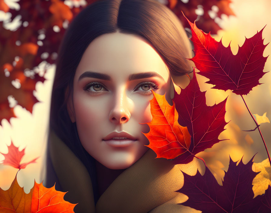 Illustrated woman with brown eyes among autumn leaves in golden backdrop