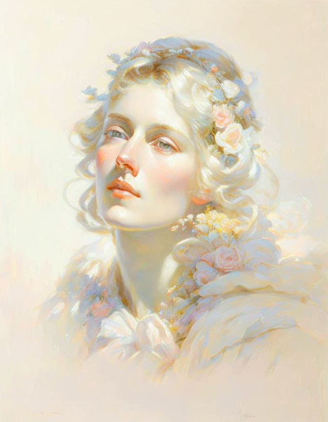 Classic Painting: Woman with Blonde Hair and Flowers, White Fur Collar