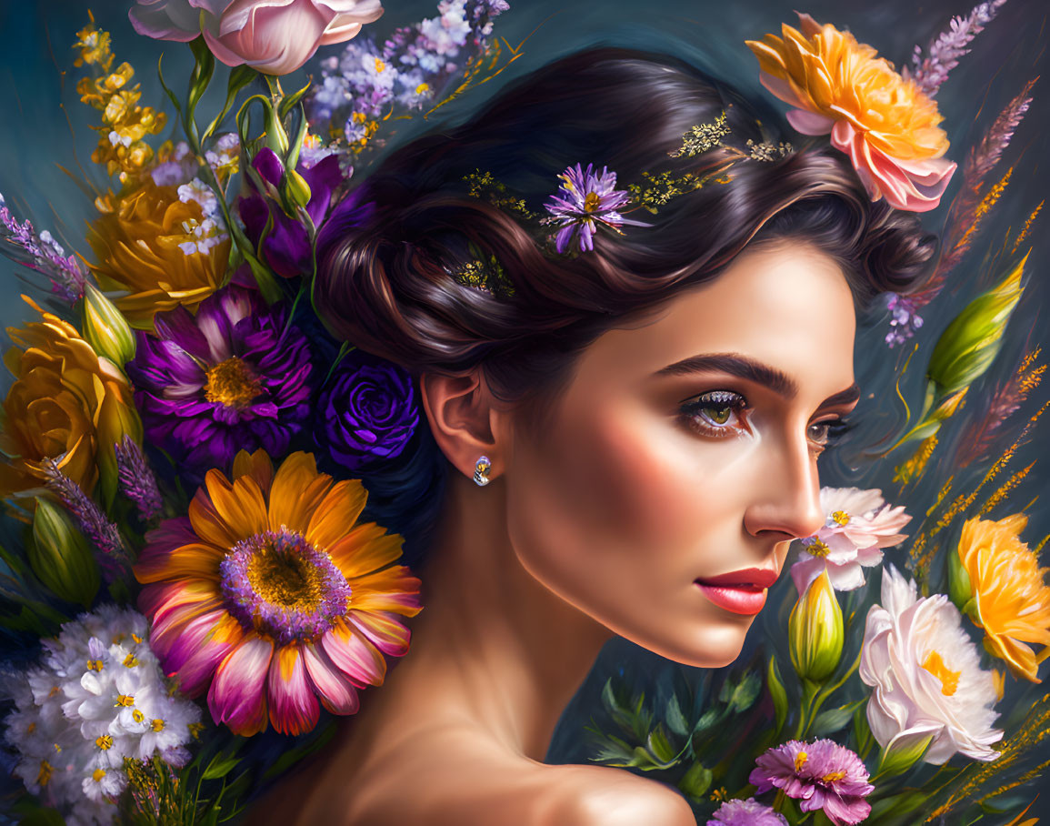 Colorful Floral Portrait of Woman with Vibrant Brushwork