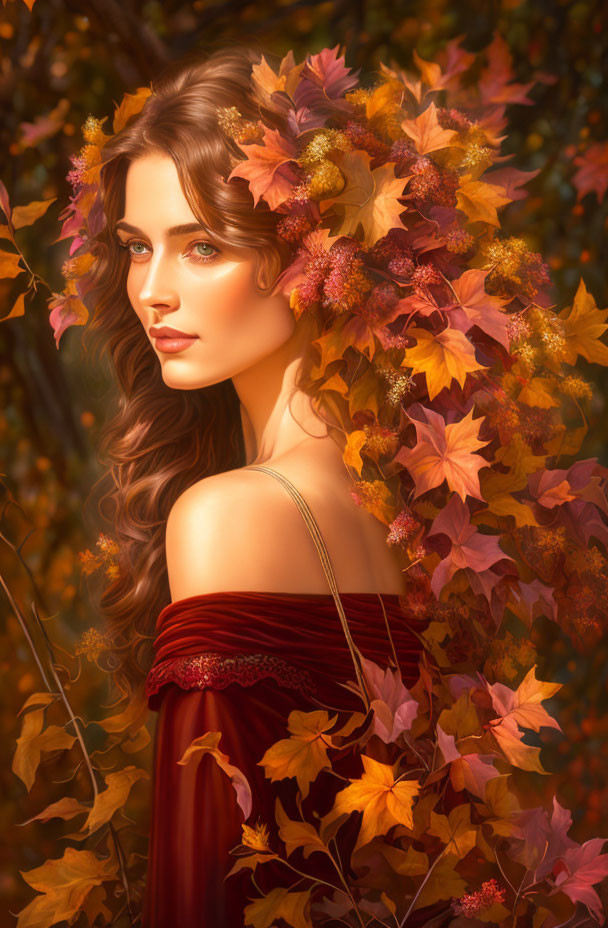 Woman in red dress with autumn leaf crown in captivating fall setting.