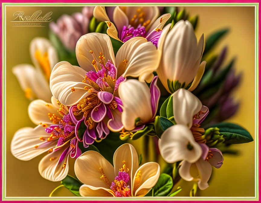 Creamy yellow flowers with pink stamens and white buds on soft-focus background