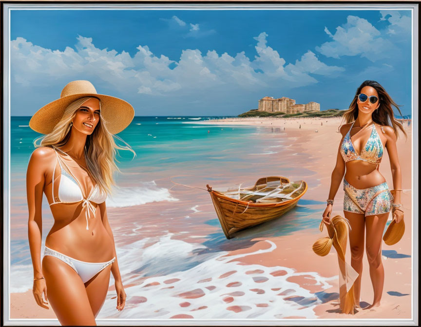 Two women in swimwear and hats on beach with clear blue waters, boat, and distant buildings.