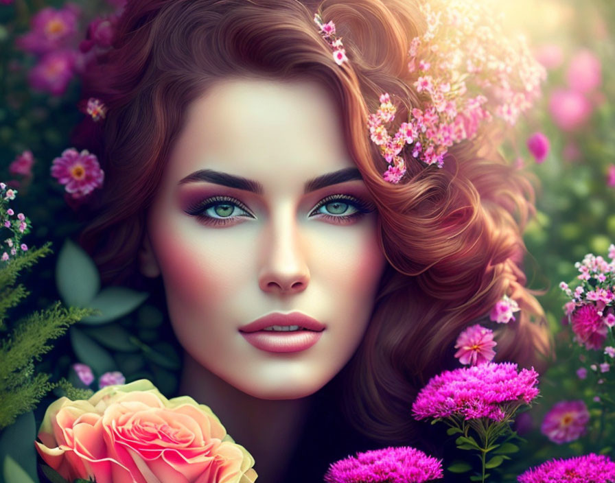 Vibrant digital portrait: woman with curly hair, vivid makeup, surrounded by flowers