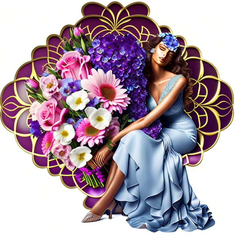 Woman in Blue Dress Holding Bouquet Against Ornate Purple and Gold Background