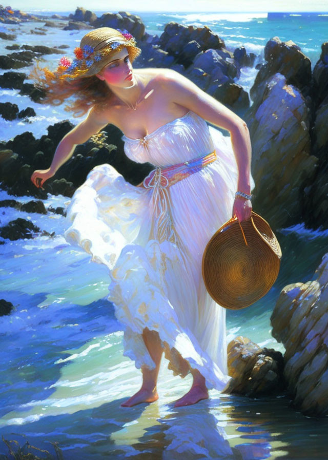 Woman in white dress with straw hat wades on rocky shore with basket