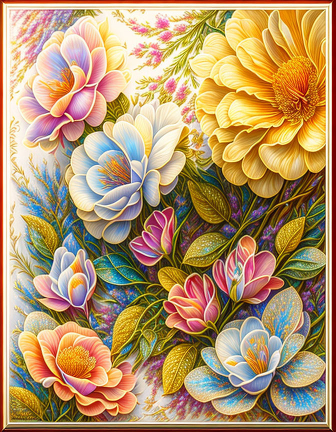 Detailed Floral Illustration with Rich Colors and Intricate Petal Textures