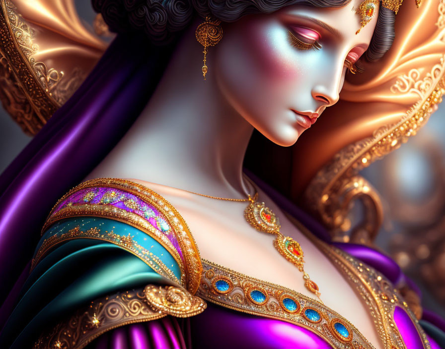 Regal female figure in ornate purple and teal attire