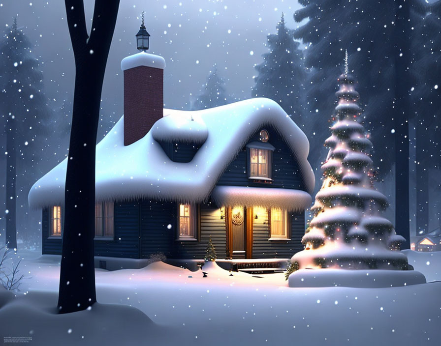 Snow-covered house in serene forest with glowing windows and decorated tree