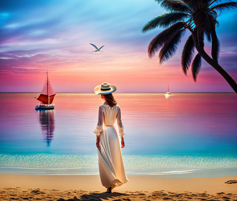 Woman in White Dress and Sunhat on Beach at Sunset with Sailboats and Seagull