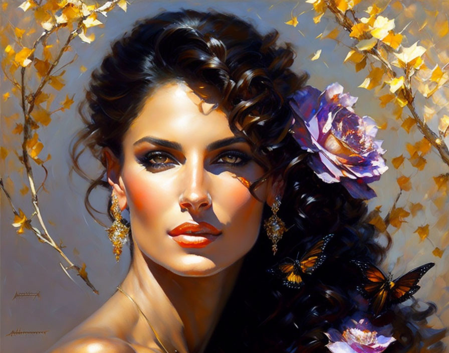 Portrait of woman with dark curly hair, purple flower, gold earrings, golden leaves, and butterfly.