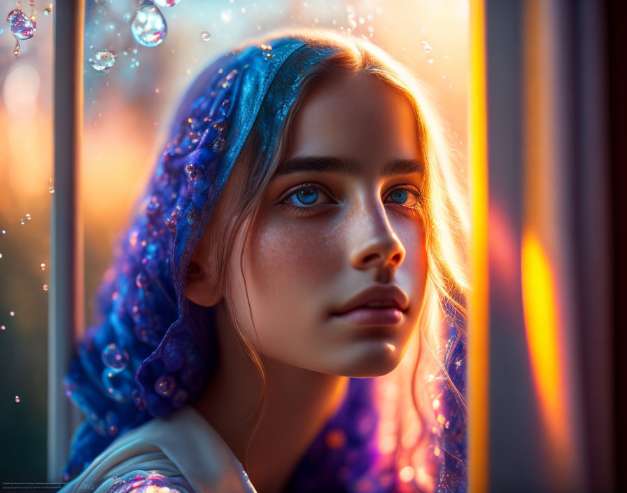 Young woman with blue headscarf gazing out raindrop-covered window in golden light