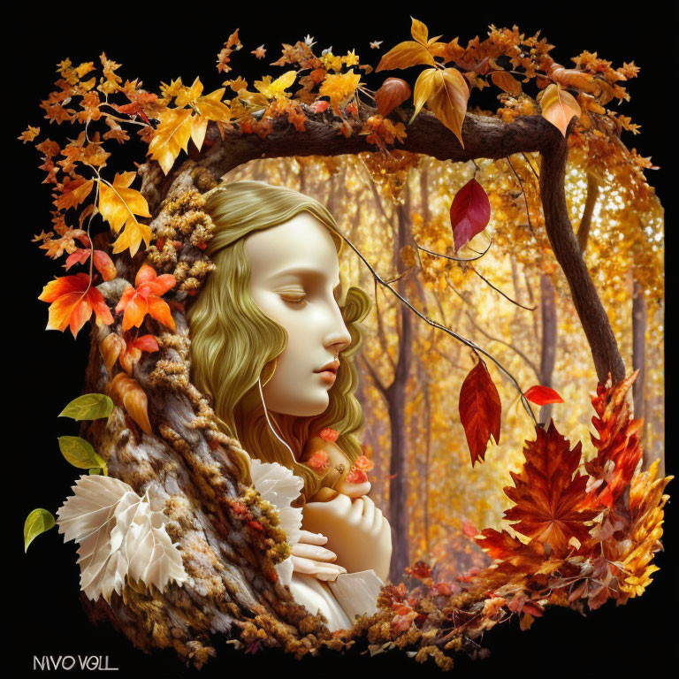 Woman's face blending with autumnal scene in surreal illustration