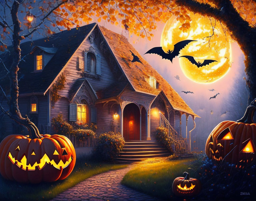 Spooky Halloween scene with jack-o'-lanterns, haunted house, bare trees, full moon