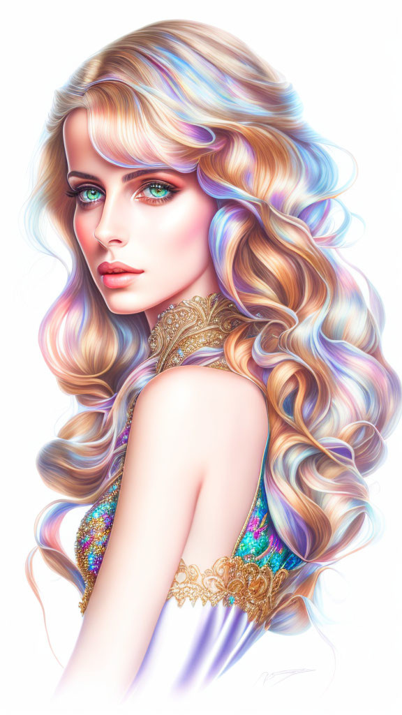 Multicolored hair woman with blue eyes and ornate attire illustrations