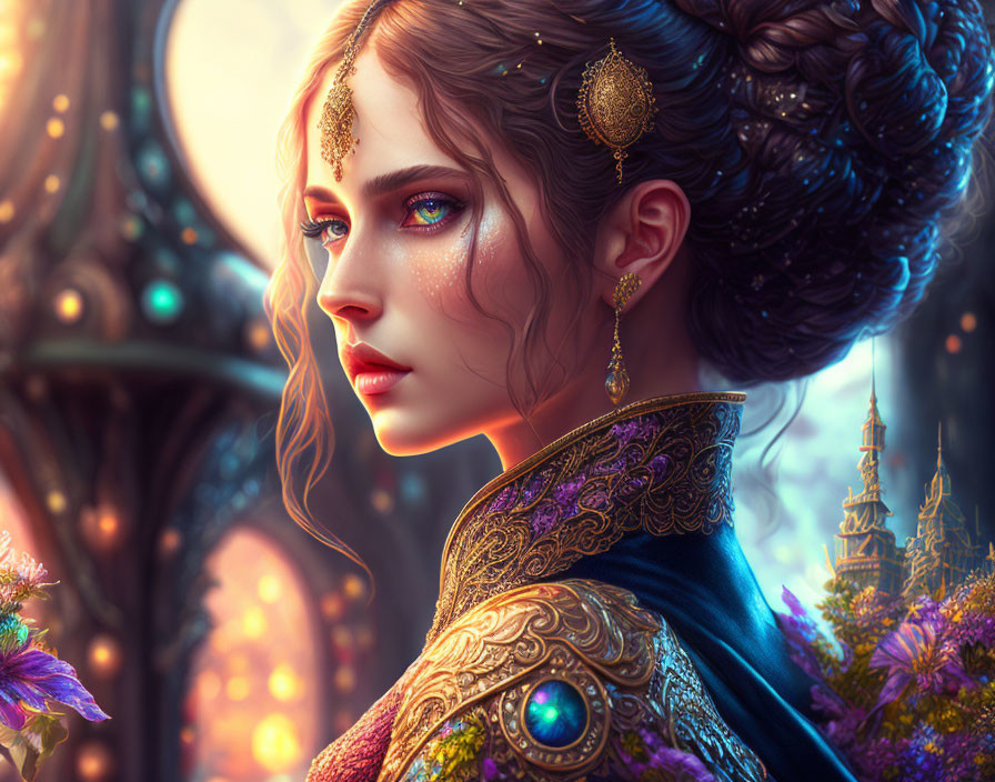 Elaborate jewelry & ornate clothing on a fantasy woman portrait