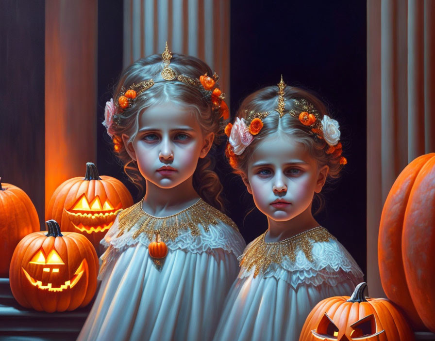 Vintage attire girls with floral crowns and eerie pumpkins by window