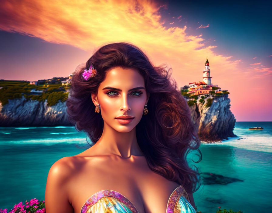 Digital portrait: Woman with flowing hair and flower clip against vibrant seascape, cliffs, lighthouse,