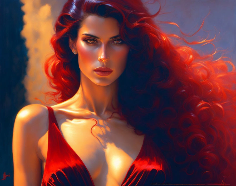 Vivid digital portrait of woman with red hair and blue eyes