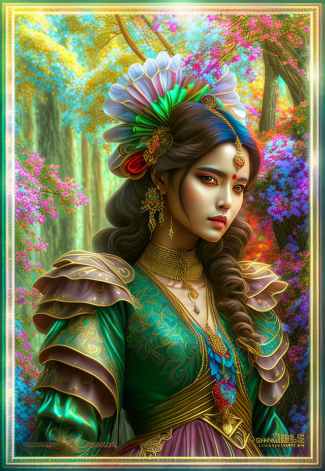 Illustrated woman in historical attire with feathered headdress in vibrant forest.