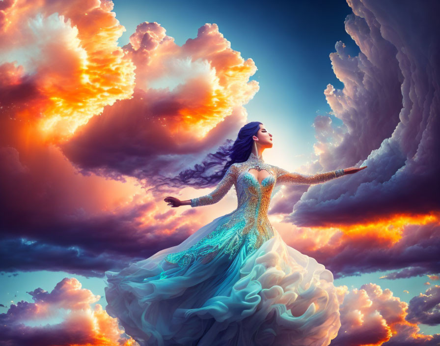 Woman in elaborate blue gown reaching out in vibrant sunset clouds