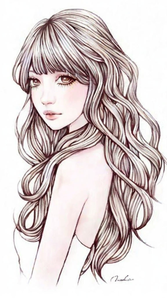 Illustration of girl with long wavy hair and gentle eyes in soft palette