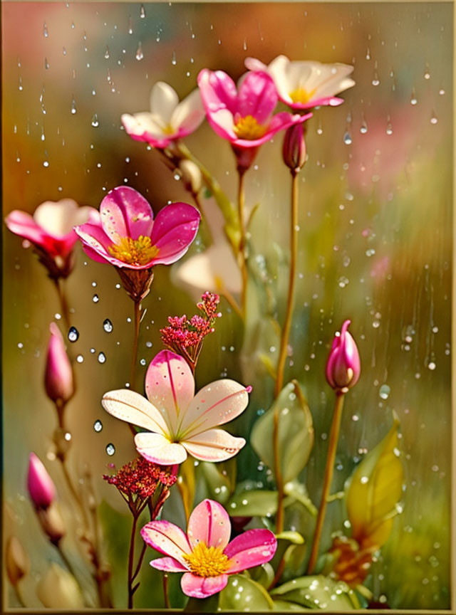 Pink and White Flowers with Water Droplets on Blurred Background