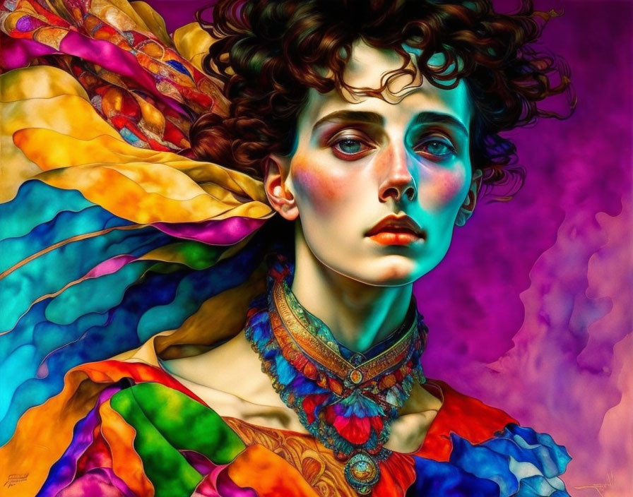 Colorful digital painting of woman with curly hair in flowing garments against psychedelic backdrop